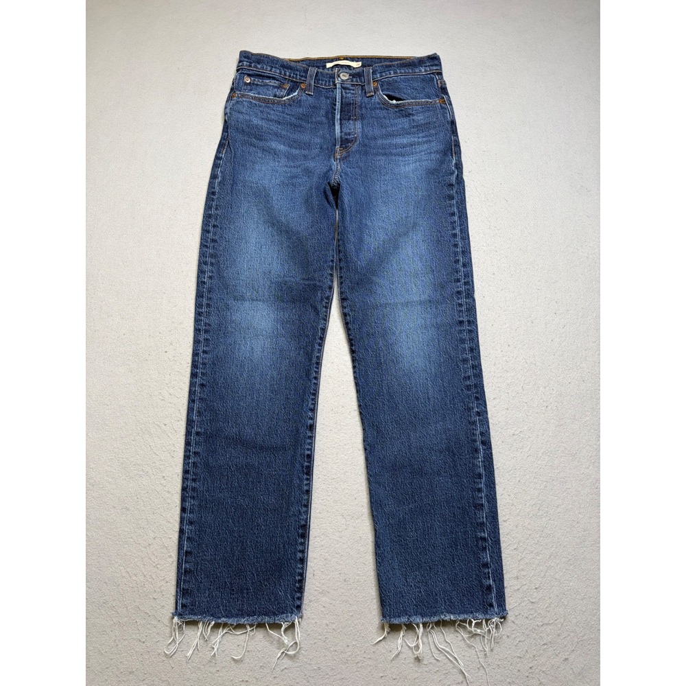 Levis Wedgie Straight Jeans Womens 28 Dark Wash High Rise Raw Hem 34964-0138